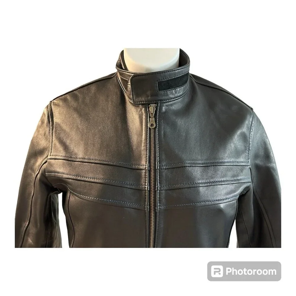 Vtg Pops Black Soft Leather Jacket Full Zip Blue Stitching Unisex Medium Large - Picture 3 of 12
